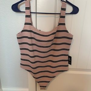 NWT. Black, pink and white striped ribbed bodysuit. Size petite S.